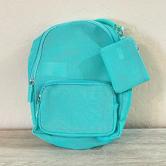 New Turquoise Aqua Blue Mesh Backpack with Pouch and Key Fob NWT - Picture 1 of 6